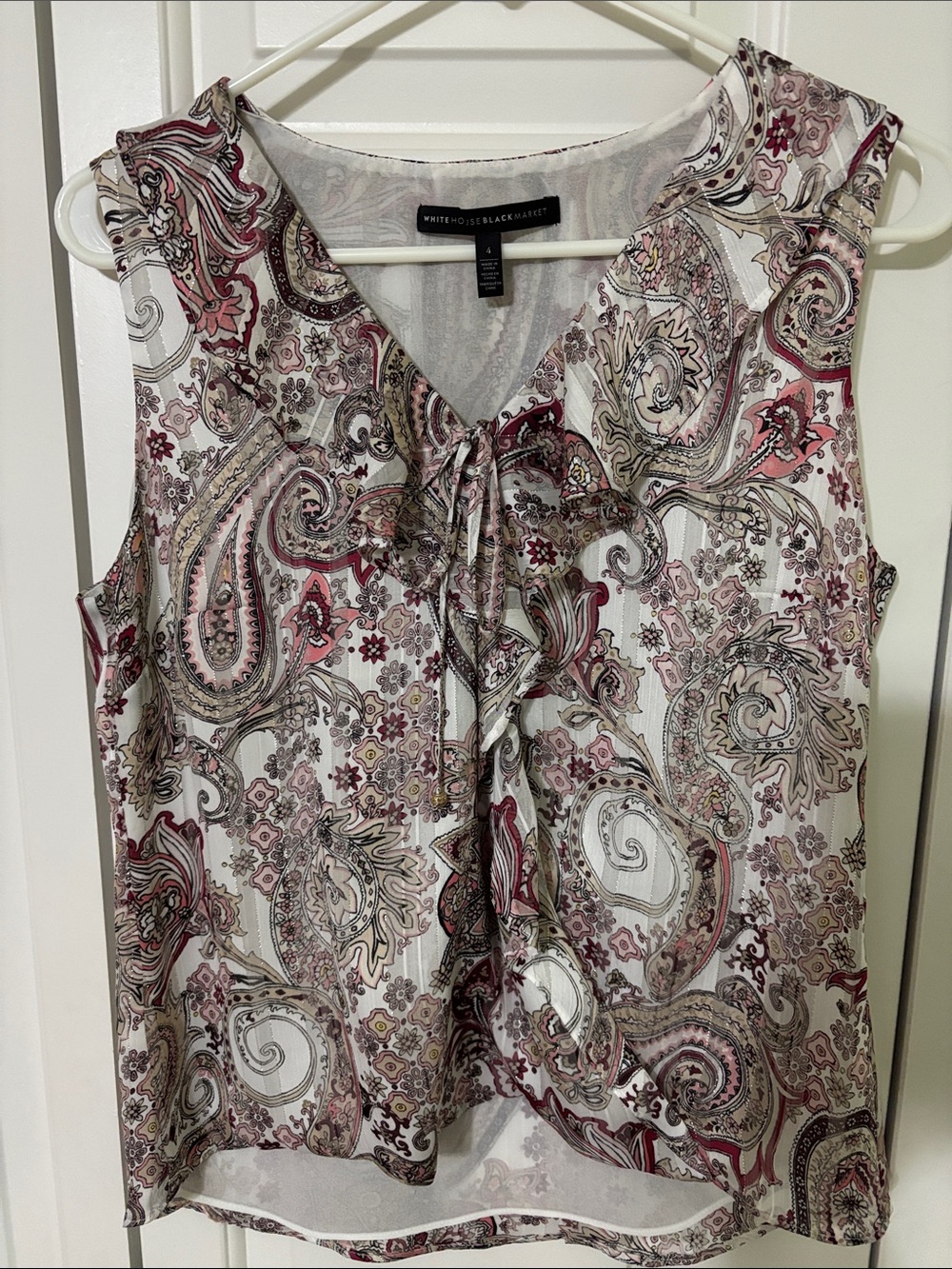 White House Black Market Paisley Tie-Neck Sleeveless Blouse in Cream and Pink